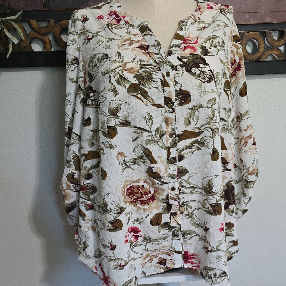 Christopher & Banks Floral Blouse - Cream and Brown